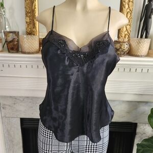 Vintage 80s Black Camisole Size Medium Satin Beaded Sequins Retro